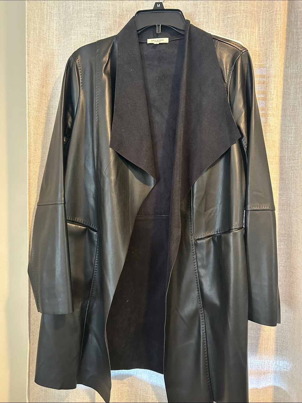 Max Studio Black Faux-Leather Open Drape Coat